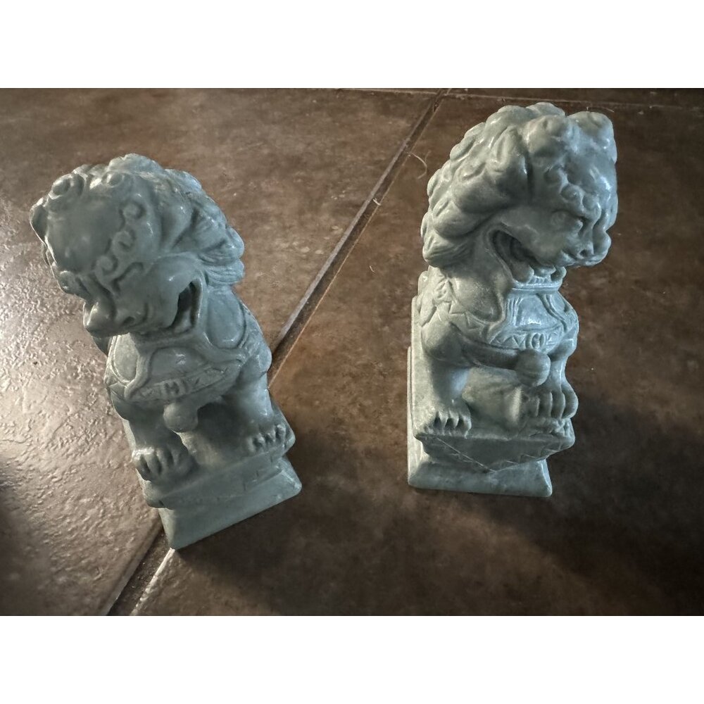 Vintage Hand-Carved Chinese Marble Stone Foo Dog Lion Statues - 21in H x 8in W x